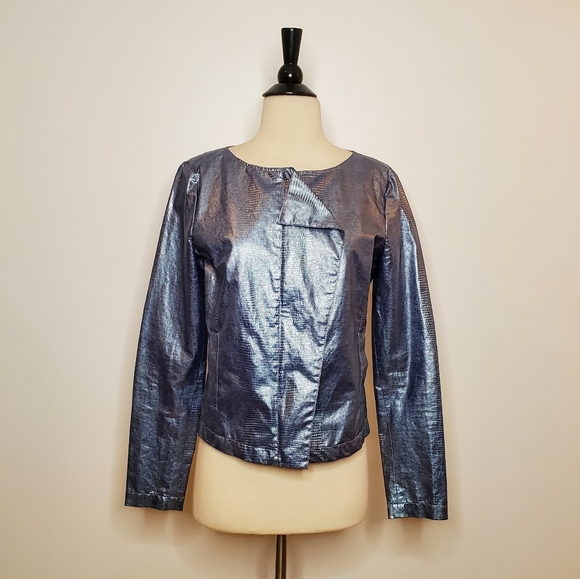 Emporio Armani Jackets & Blazers - Vintage Emporio Armani Metallic Blue Embossed Jacket Hidden Zip Size 10